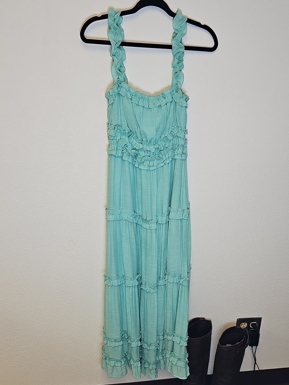 NWOT Teal, Light Aqua Ruffle Maxi Milkmaid Summer Dress Strappy Wore As A Medium